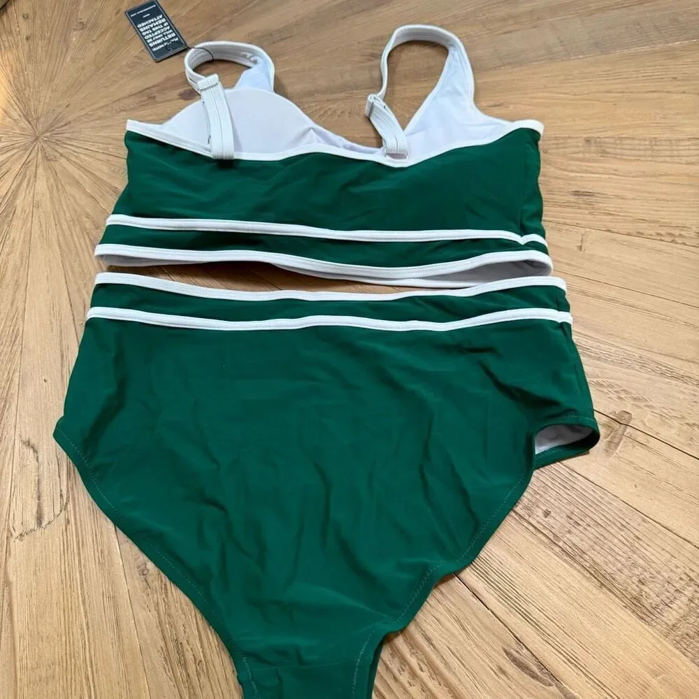 Green High-Waist Two-Piece Swim Set with White Trim
